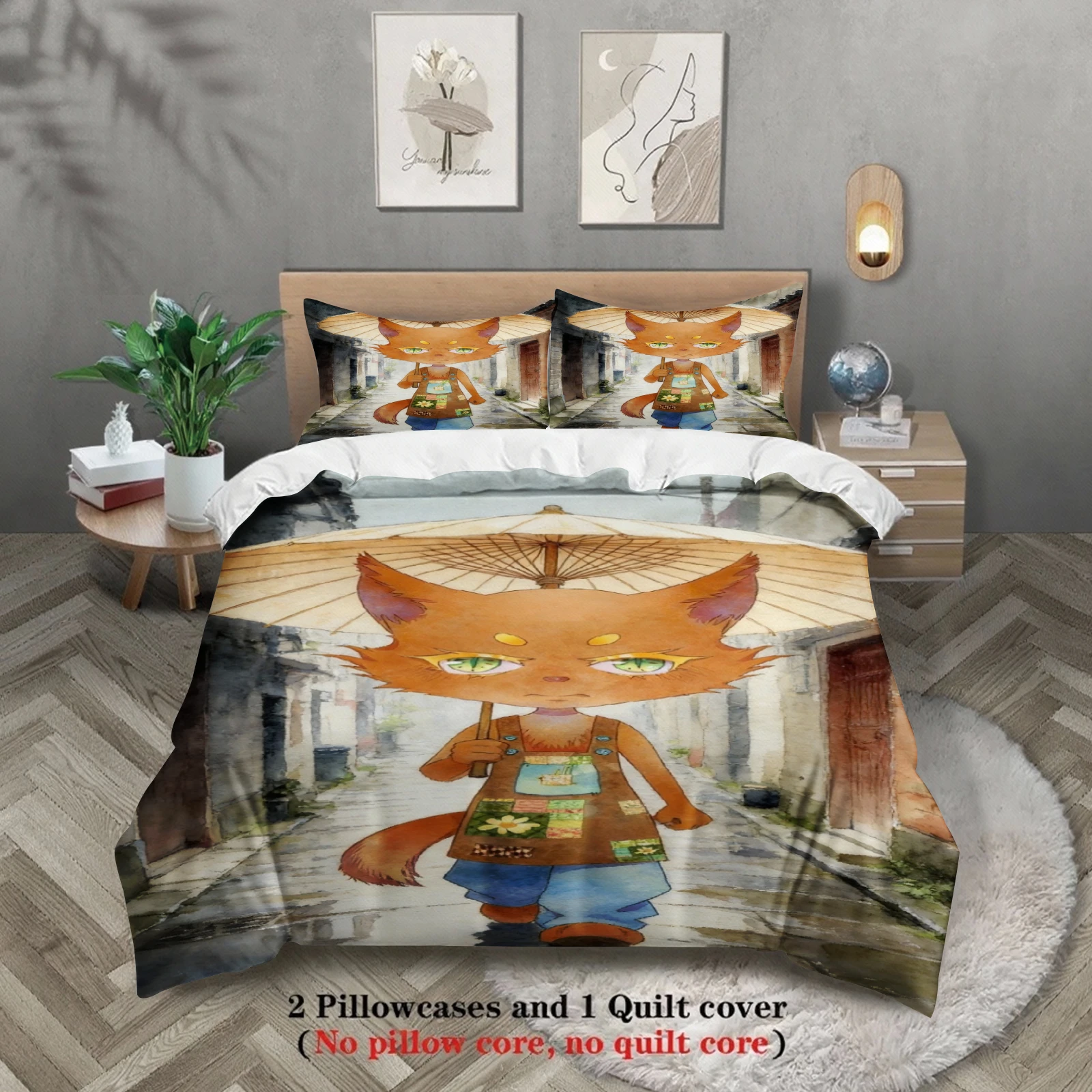 Queen Size Bedding Set Softville Cozy Town Cute Fern the Quilt Fox With Duvet Cover & Pillowcase For Children's Bedroom Decor