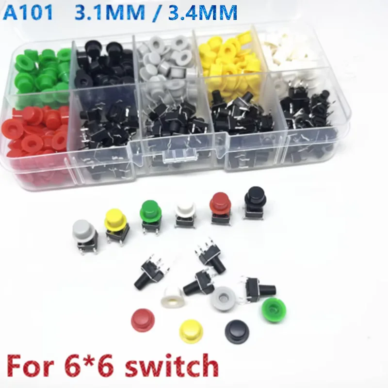 8 أنواع = 380 قطعة/الوحدة A101 البلاستيك التبديل زر قبعات دفع مفتاح قبعات متعدد الألوان شكل قبعة + 6*6 جولة اللباقة التبديل