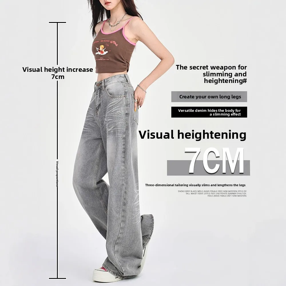 Low Waist Wide Leg Jeans Women's 2025 New Spring Retro Drape Loose Gray Small Straight Pants