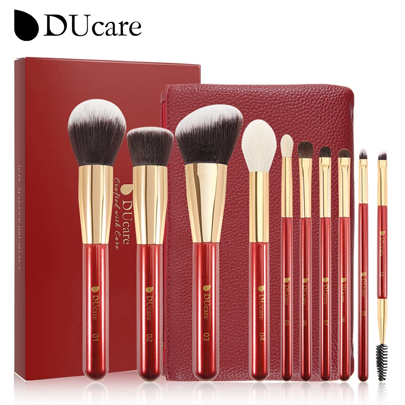 DUcare 10Pcs Red Makeup Brush Set Powder Eyeshadow Foundation Eyebrow Contour Blending Cosmetics Brushes maquillage with Bag