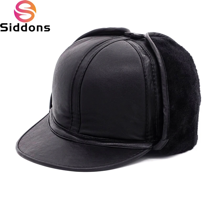 Hot Sale Male Casual Winter Warm Sheepskin Leather Cap New Arrival Adult Caps Men 100%Natural Real Sheepskin Leather Bomber Hats