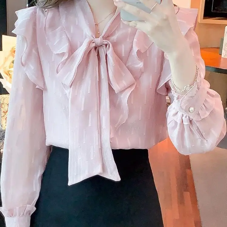 

Шифоновая рубашка с бантом, женская новая рубашка с длинными рукавами, супер фея, темпераментная базовая рубашка, шикарный и красивый топ TT1306