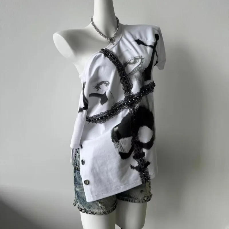 Koszulka Punk Hottie American Retro Subculture Slim Krótki Rękaw Harajuku Czaszka Nadruk Białe T-shirty Koronkowy Patchwork Top