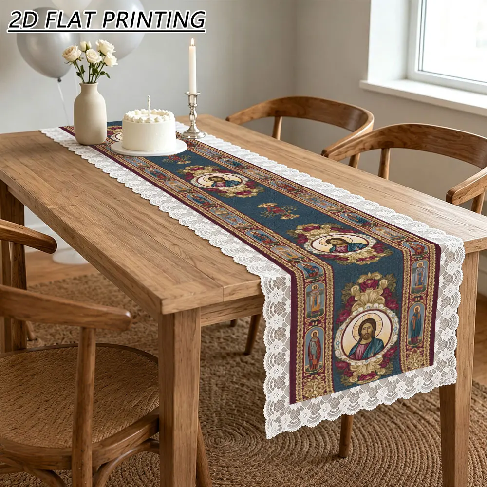 1pc Religious Icon Pattern Tulle Lace Table Runner For Church Festival Banquet Decor
