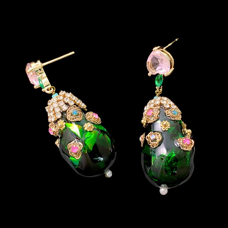 luxury niche hand-style vintage Bohemian green pink zircon earrings teardrop pendant court elegant fine jewelry