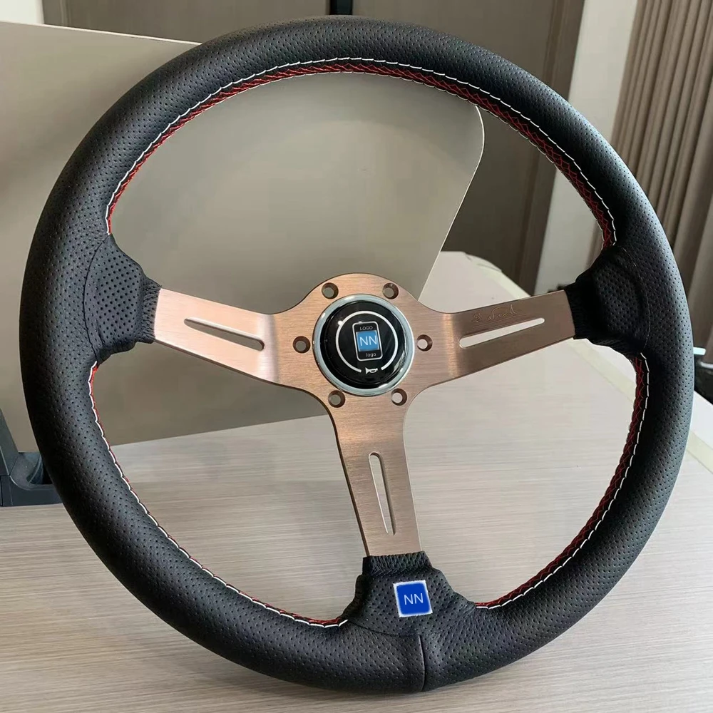 

Racing 350MM Classic Punched Leather Rose Gold Steering Wheel Universal Modified Drift Rally Sport NNNDD Steering Wheel Volantes