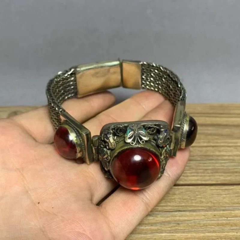 Vintage Silver Cloisonne Inlaid Ruby Wide Bracelet Antique Open Lucky Bracelet Classical Jewelry Silver Bracelet