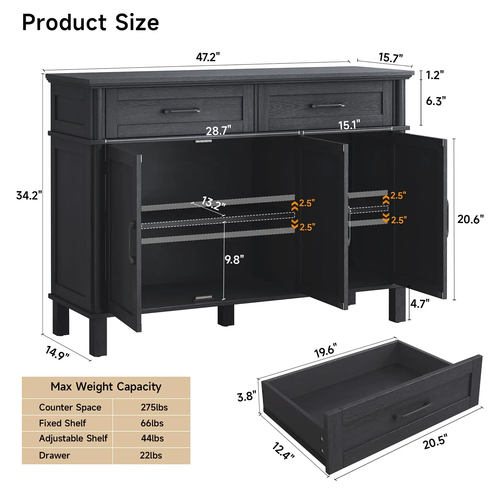 48 Inch Buffet Cabinet with Storage, Black