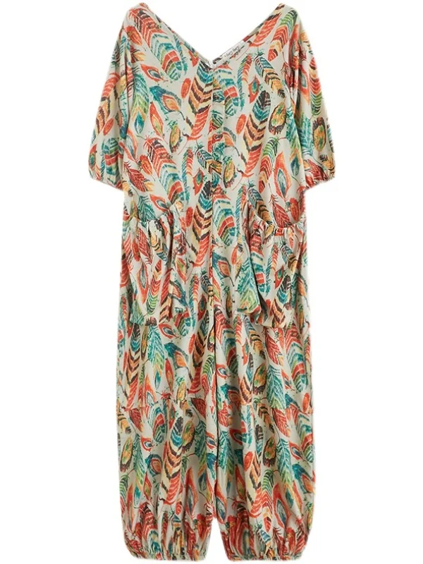 Tuta artistica con stampa retrò Estate da donna Nuovo V-ne Dimagrante Pantaloni larghi a lanterna alla moda taglie forti Pantaloni casual