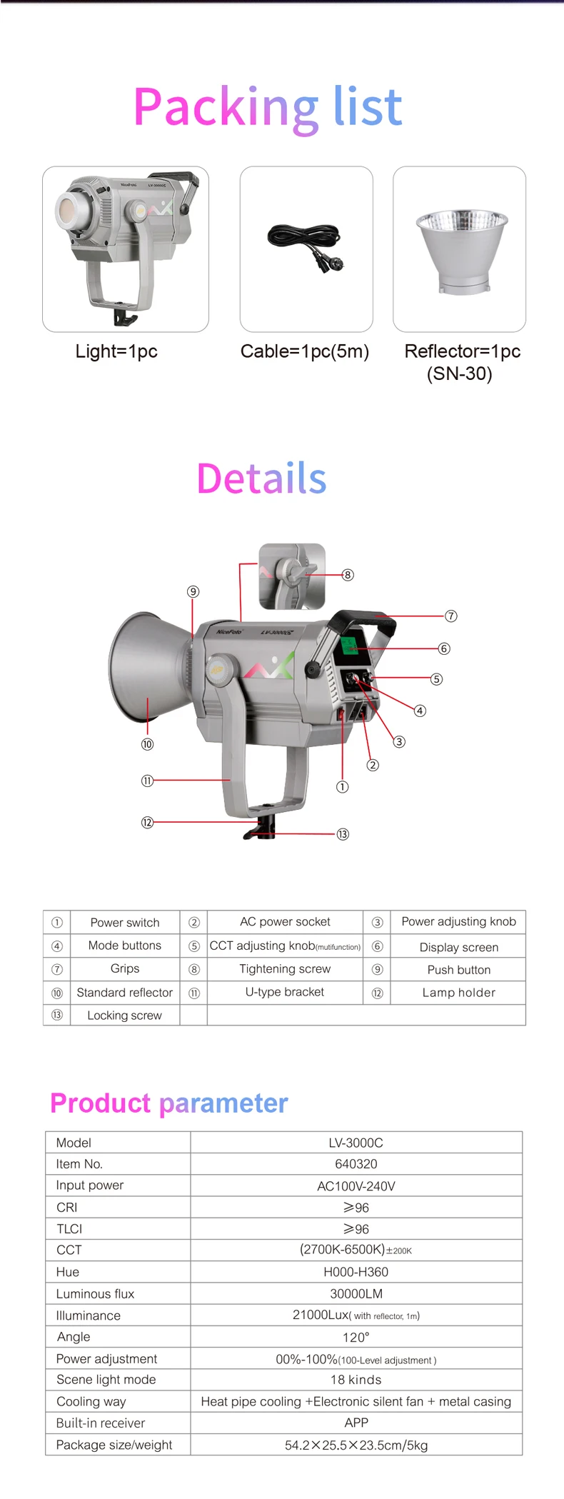 LV-3000C NiceFoto Professional RGBWW 300 Watts LED Film Photography Video Light For Videography