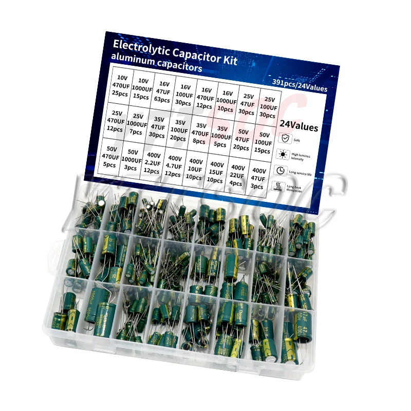 391pcs 24 Values High Frequency Electrolytic Capacitor Kit 10V 16V 25V 35V 50V 400V for TV LCD Monitor Game