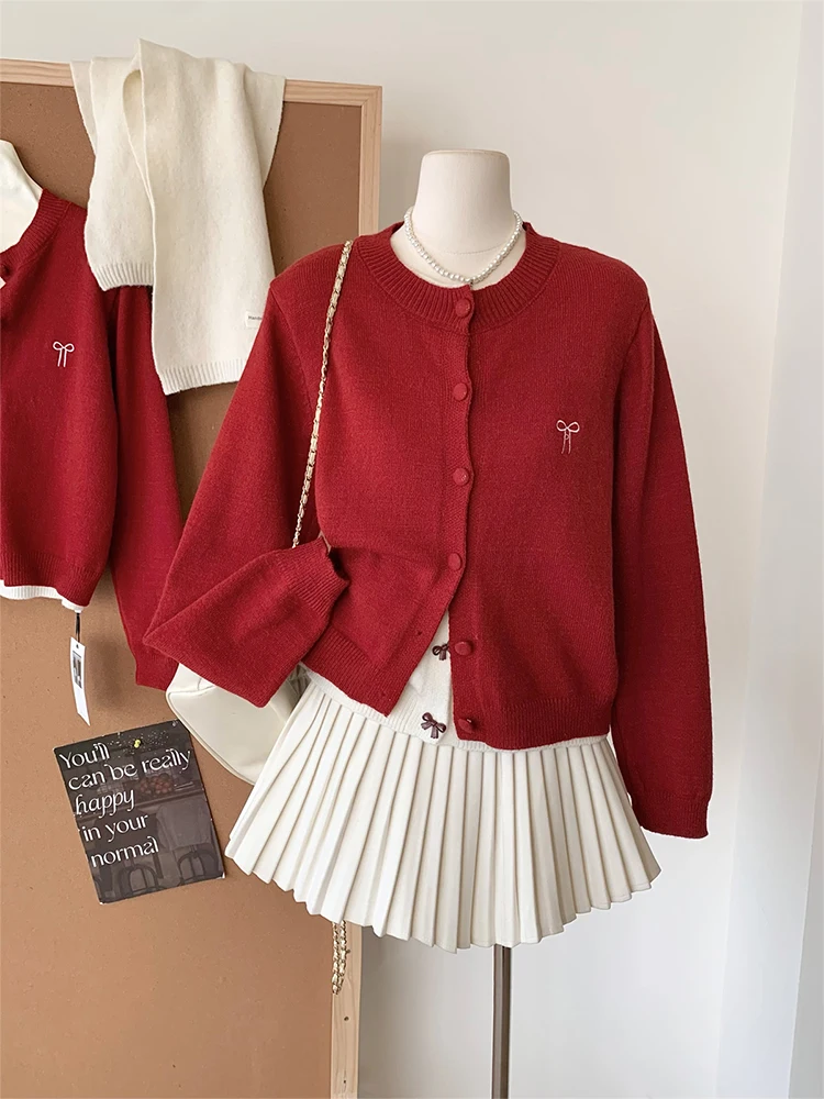 Winter Women Korean Fashion Cardigan Long Sleeve Fake Two Pieces Knitwear 2000s Aesthetic Mori Girl Cuddly christmas Red Sweater