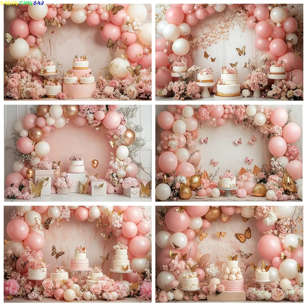 

Pink Arch Balloon Photography Background Cake Butterfly Decor Kids Birthday Party Backdrop Cake Smash Banner Photo Studio Prop