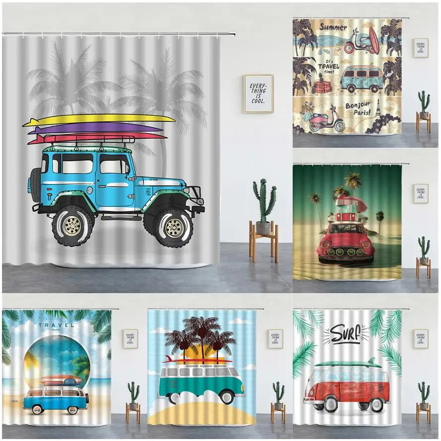 Palm Trees Ocean Surf Shower Curtains Surfboard Camper Bus Vacation Hawaii Scenery Modern Summer Home Decor Bathroom Curtain Set