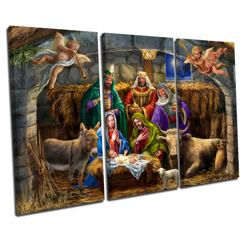 Nativity In The Manger Wonderful Christmas Themed Tapestry Birth Of Christ Canvas Wall Art By Ho Me Lili For Home Decor