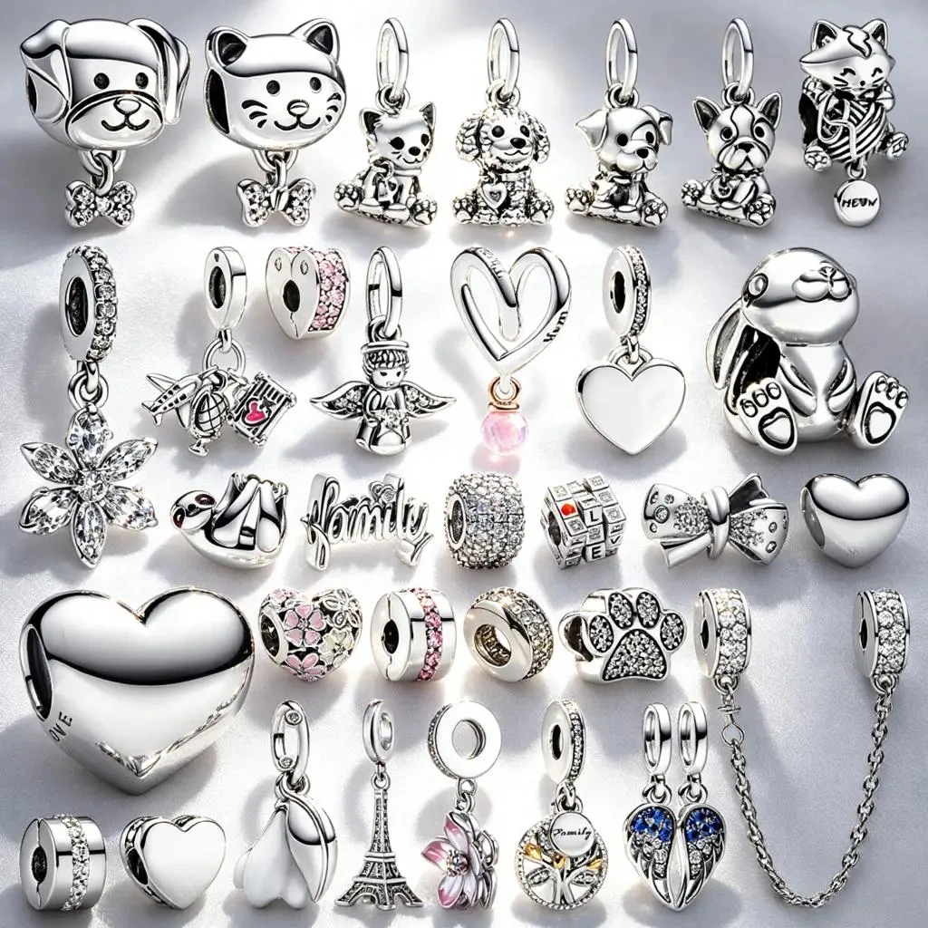 Hot Sale Charms Sparkling Rose in Bloom Oversized Rabbit Heart Bow Beads Fit Original 925 Silver Snake Bracelet DIY Jewelry Gift