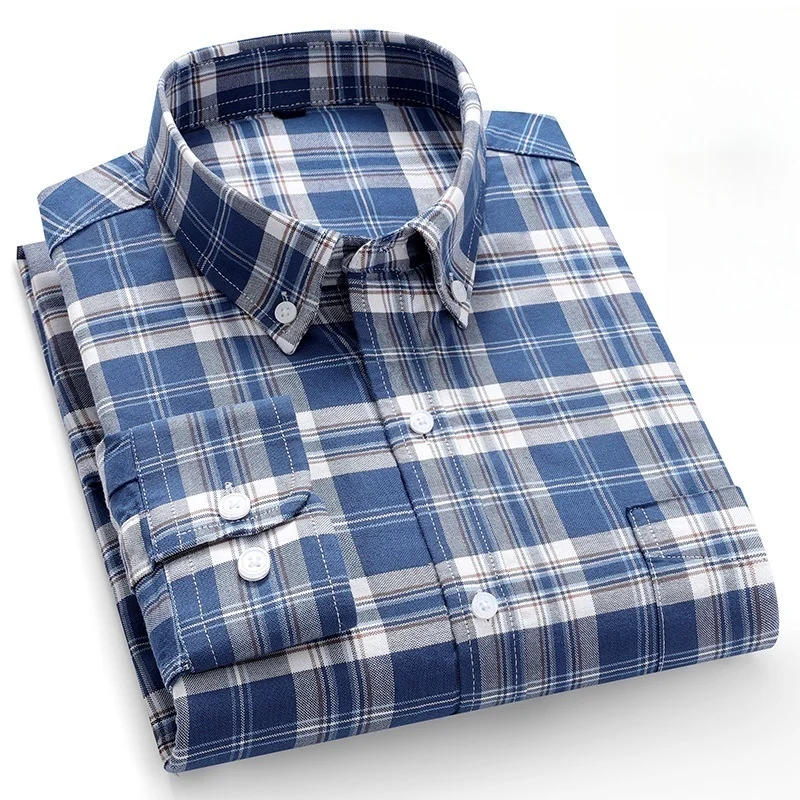 

Мужские рубашки-оксфорды из 100% хлопка с длинными рукавами в клетку, мягкая классическая рубашка обычного кроя, карманная социальная блузка, мужская одежда 6XL 7XL