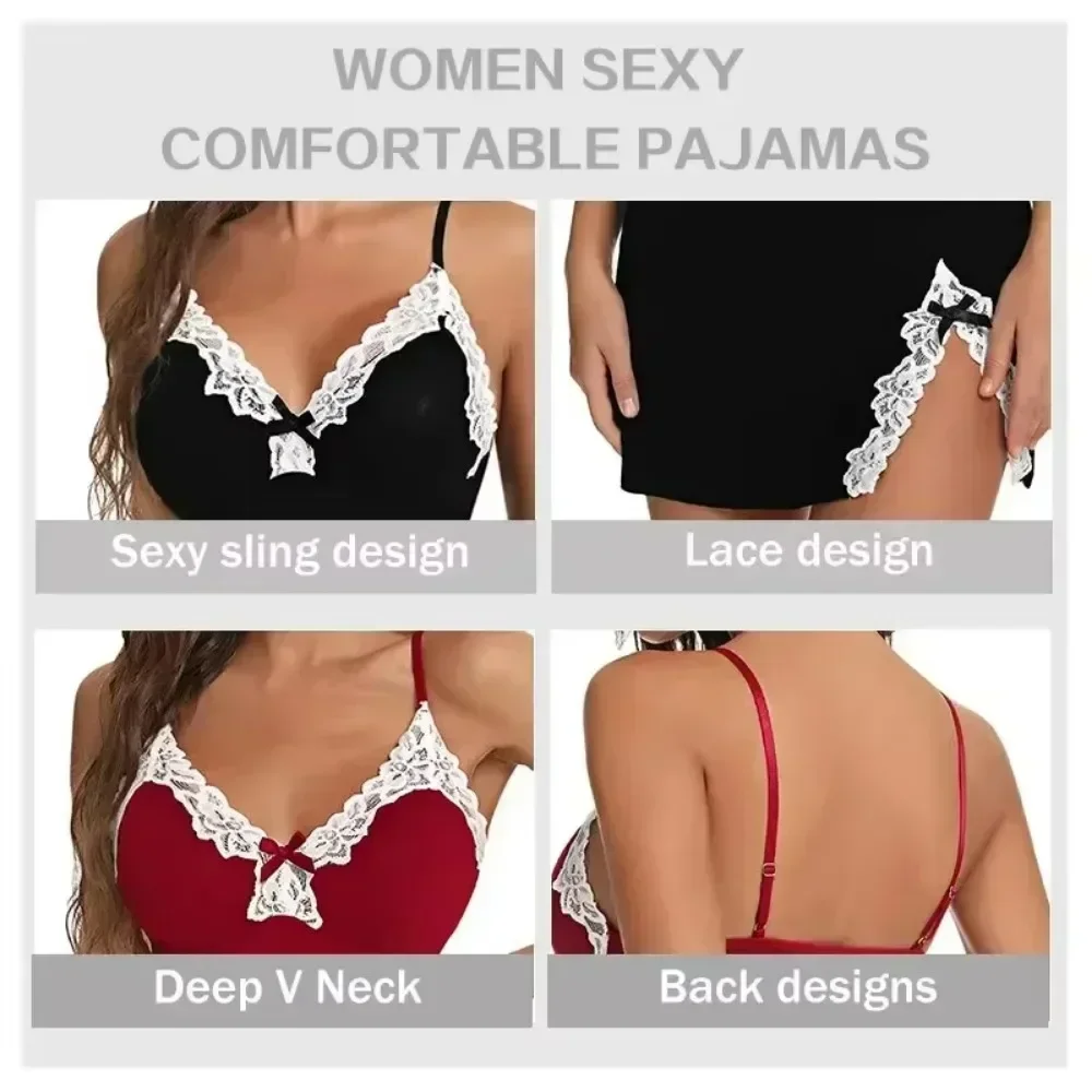 Camicia da notte da donna Camicia da notte sexy in pizzo Camicia da notte con fiocco Indumenti da notte Scollo a V Slip completo Babydoll Lingerie Abito da notte Costume sexy Lenceria
