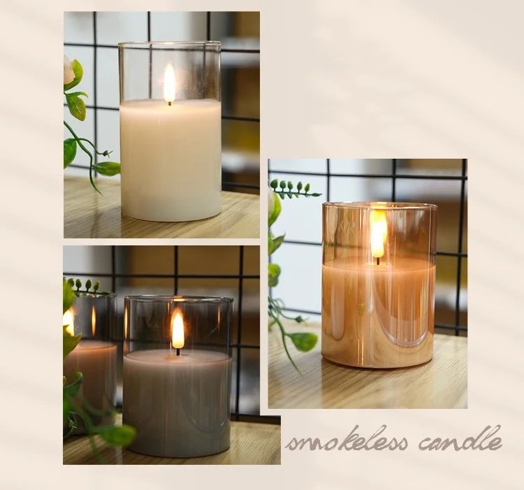 Set of 3 pillar Glass Led candle 3D wick Flickering Battery operated 10-Key Remote Controller&Timer Pillar Candles Paraffin wax