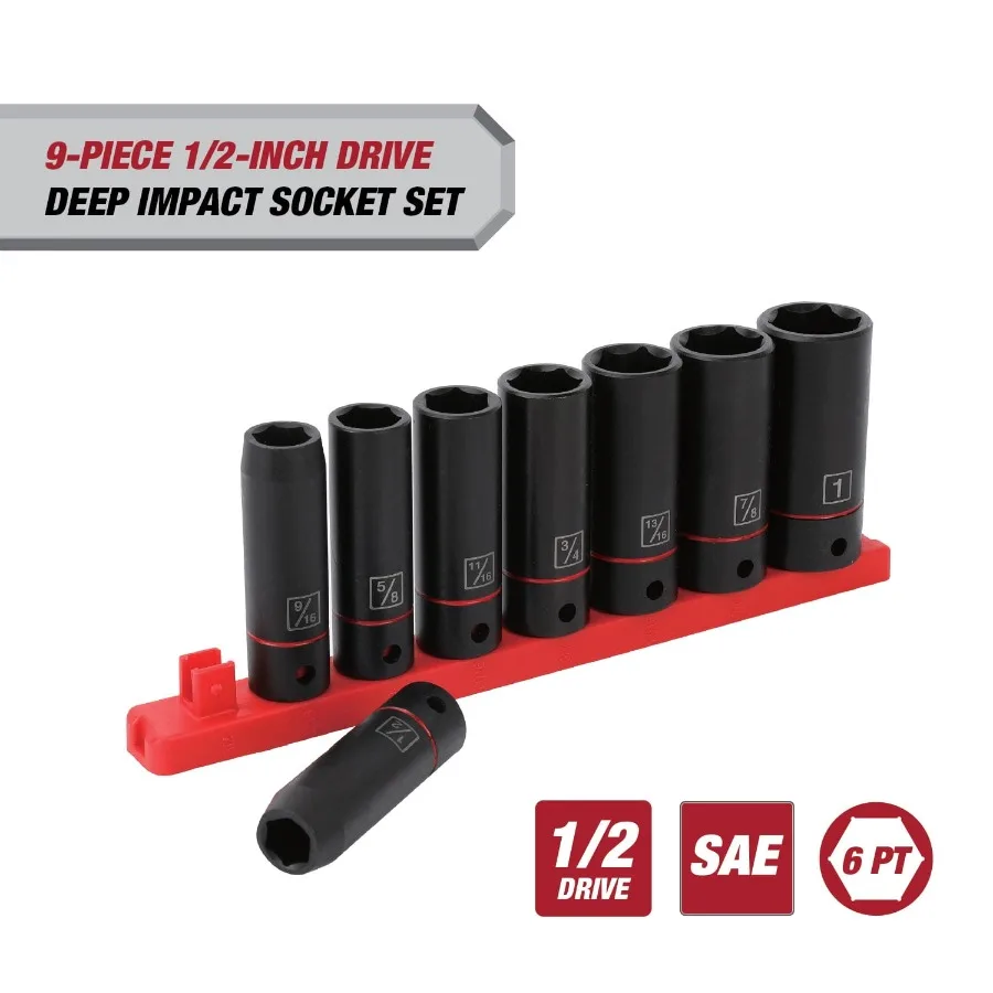 

9-Piece 1/2-Inch Deep Drive Impact Socket Set SAE for Heavy-Duty Automotive Repair and Industrial Maintenance Durable Chrome Va