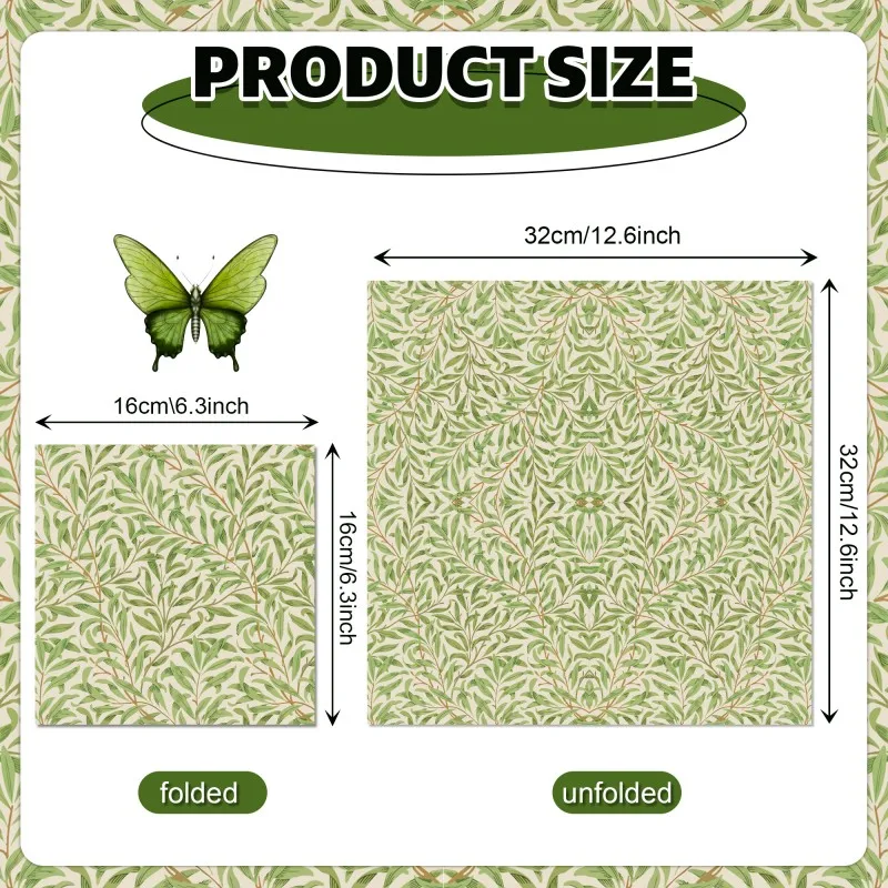 60pcs Square Disposable Paper Napkins Botanical Green Leaf Pattern Decorative Napkins for Holiday Table Setting