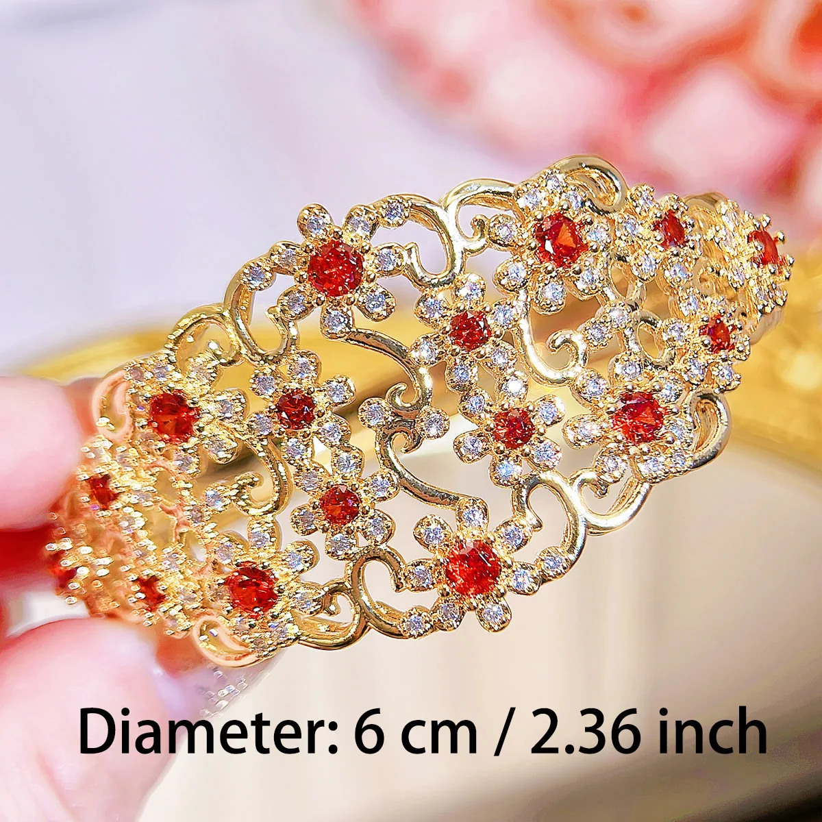 ANGELCZ Exquisite Brides Jewelry Micro Pave Red White AAA Cubic Zirconia Valuable Wide Shield Wedding Hollow Open Bangle AB205