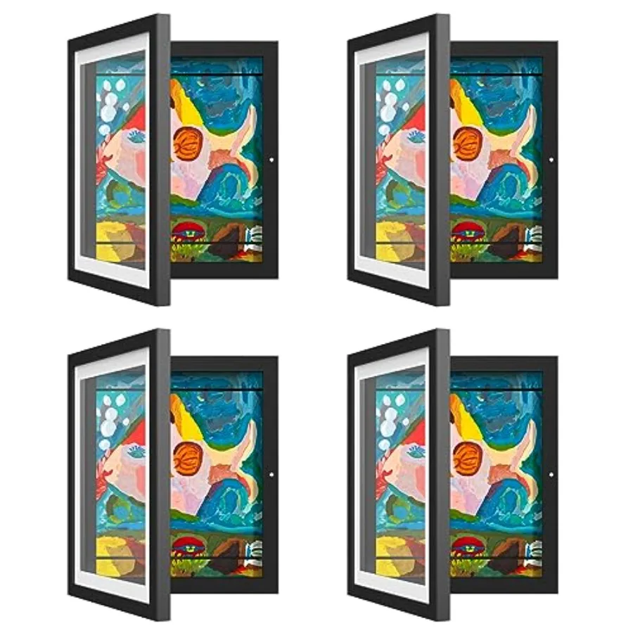 

4 Pack Art Frame 8 x10.5 with Mat and 9 x12 Without Mat Black Front Opening Wall Storage Frame for Picture Craft Drawing Art Pr