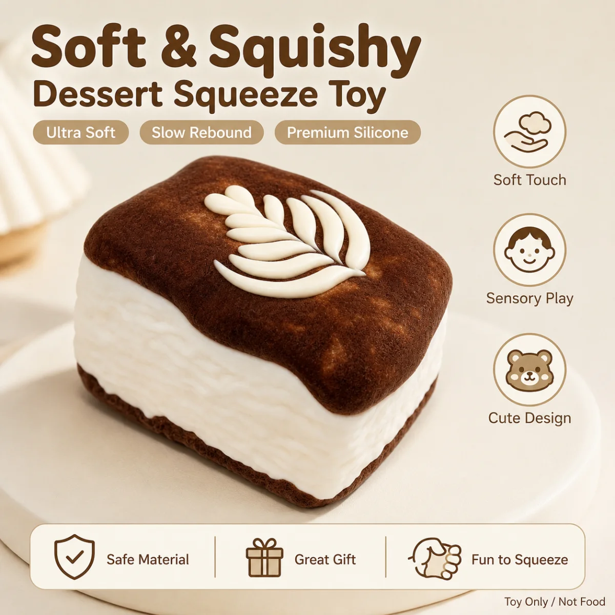 Food Grade Imitation Chocolate Layer Cake Squishy Squeeze Toy Delicate Cream Leaf Design Slow Rebound Stress Release Novelty