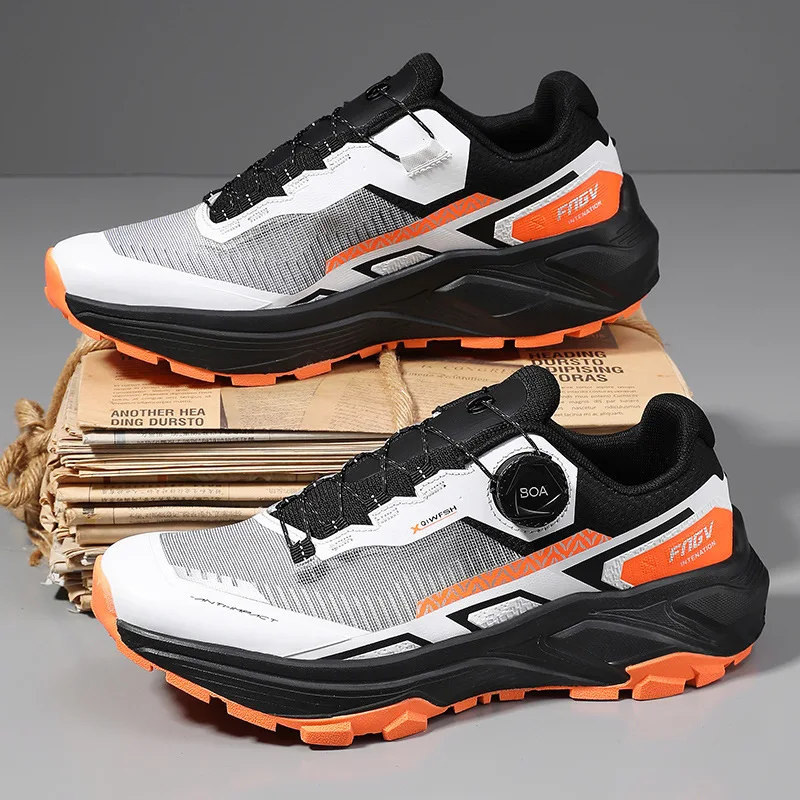 Men Outdoor Hiking Trail Running Shoes, Rotary Quick Lace Buckle Breathable Sneakers, Extended Plus Size Outdoor Work Shoes