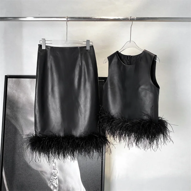 2023 Women New Fashion Genuine Ostrich Fur Spliced Vest Real Sheepskin Leather Set E15