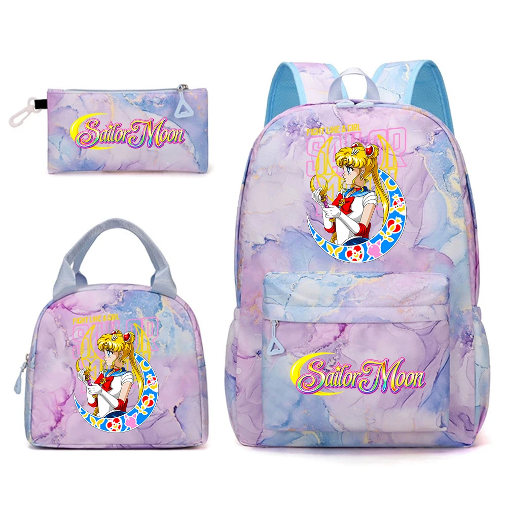 Anime Sailor Moon School Bag Set 3 in 1 Backpack Lunch Box Pencil Pouch Kawaii Daypack for Teen Girls Outdoor Travel