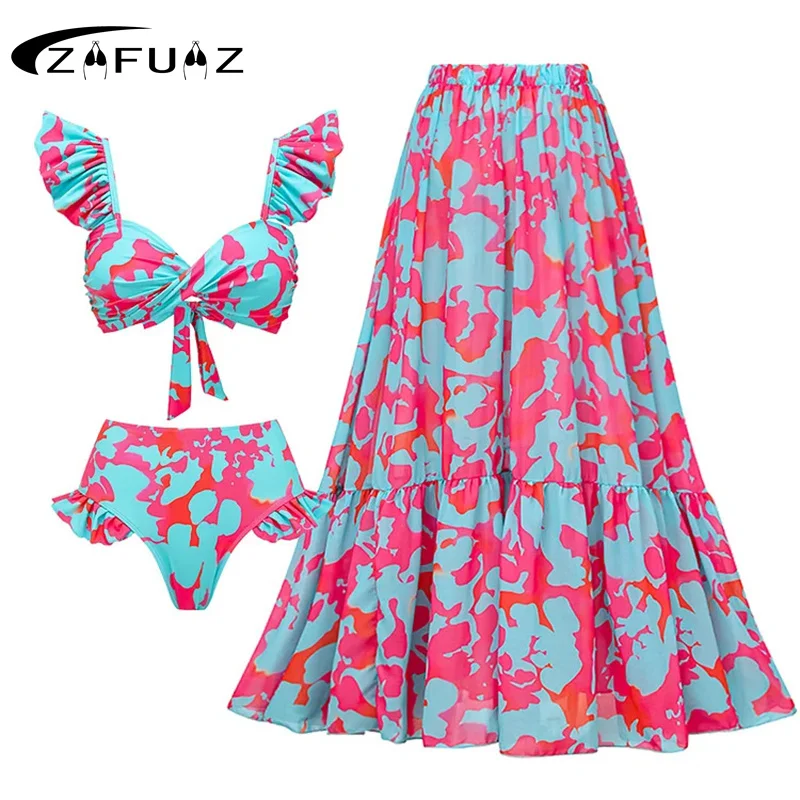 ZAFUAZ 2024 Ruffle Bikini Swimsuit High Waist Swimwear for Women Halter Cut Out Two Piece Bathing Suits Print Summer Female