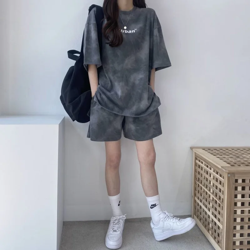 Tie-dyed Top Shorts Two-piece Set Summer New Short Sleeve Street Casual Sportswear Loose Tops Fashion Trend Women Clothing