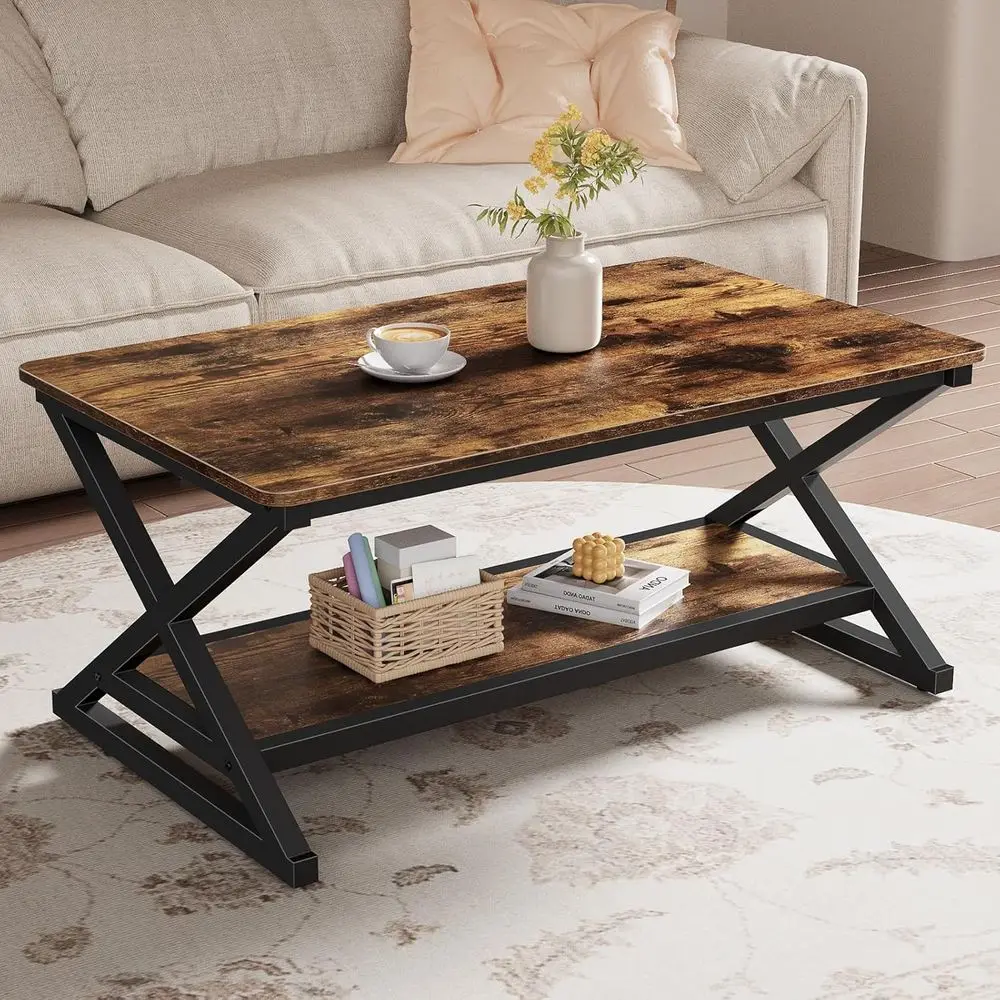 

Rustic Brown RecCoee Table or Living Room, 39.4" armhouse Minimalist Industrial Wooden Metal 2 Tier Center Tables with Storage S