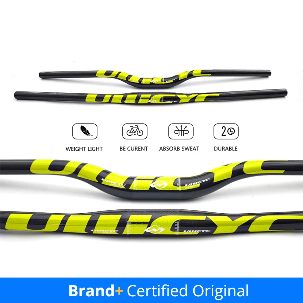 Ullicyc Full Carbon MTB Handlebar 3K Gloss Yellow 580-740mm Flat/Rise Bicycle Bar, Lightweight Update for MTB & Electric Scooter