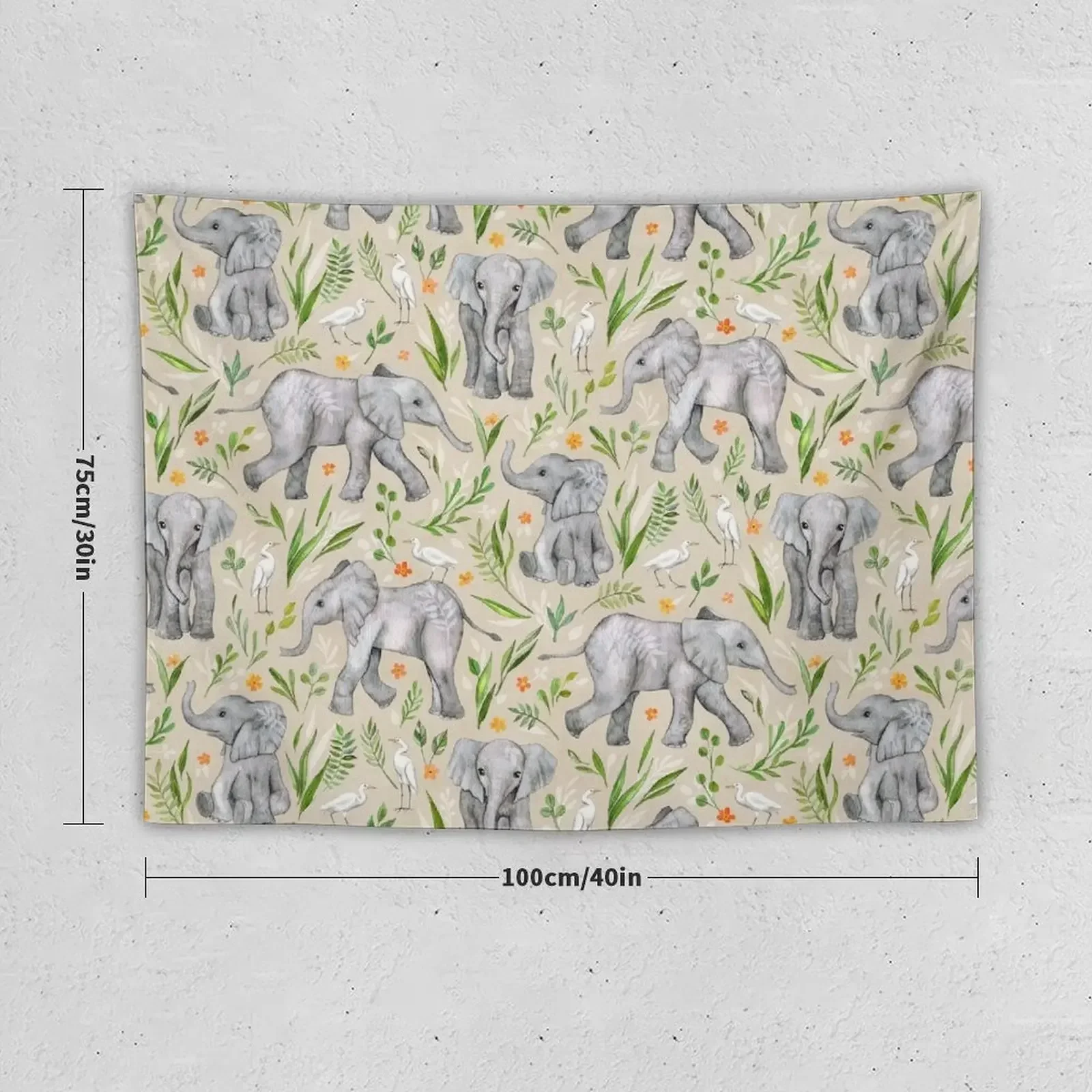 Baby Elephants and Egrets in Watercolor - neutral cream Tapestry Room Aesthetic Decor Home Tapestry