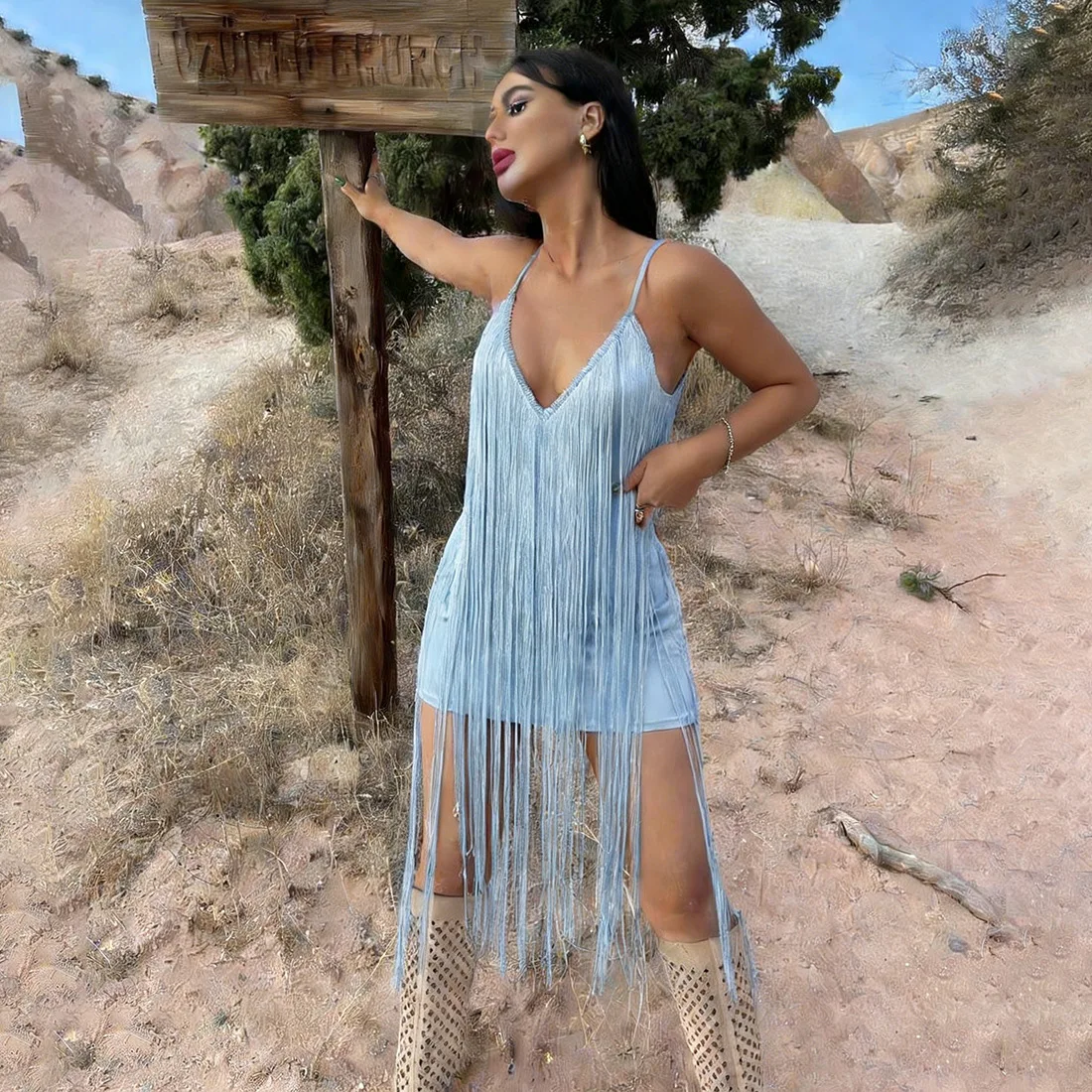 

Women's Clothing 2026 Spring Street Tassel Solid Color Neck Sexy Hip Dress New Women's Clothing