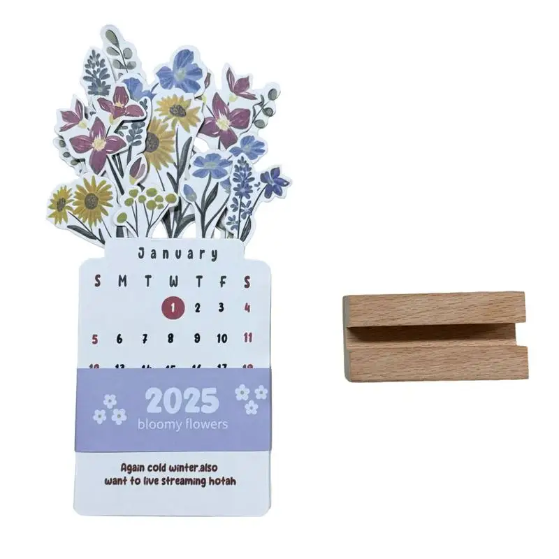 Flower Desk Calendar 2025 Vase Shaped Small Calendar With Wooden Base Art Calendar Removable Monthly Calendar Planner For Home