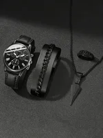 Kids Black PU Leather Quartz Watch Set with Accessories Wallet Holiday Gift Daily Versatile Children's Fashion Jewelry 3