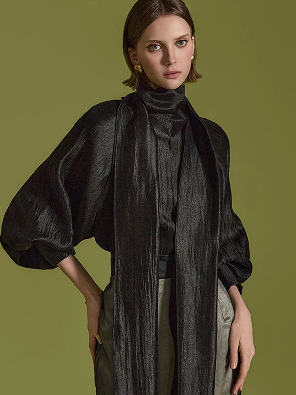 

Новая модная блузка Ele Queen 2026 Весна-Лето с высоким воротником, универсальная, из полиэстера, с рукавами-фонариками