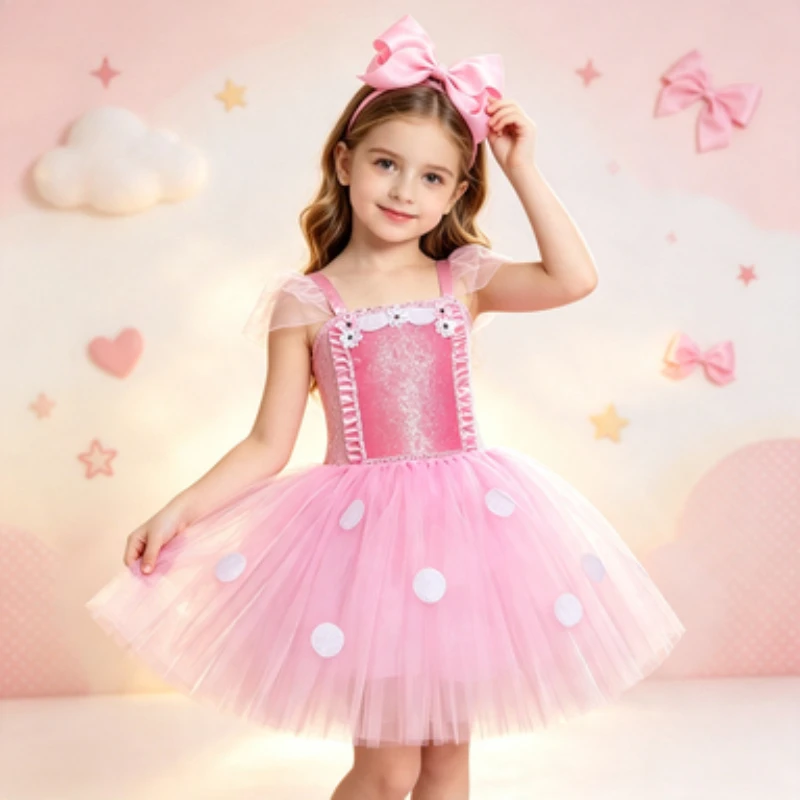 Pink Polka Dot Tulle Tutu Dress for Baby Girls,Cartoon Minnie Themed Outfit, Toddler Princess Gown, Outfit for Birthdays Parties