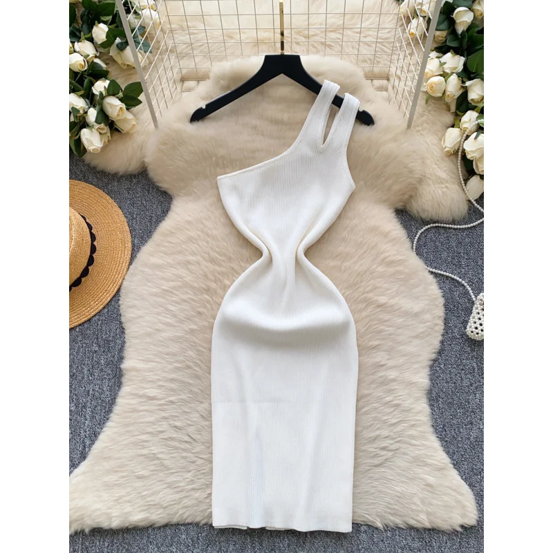 Women sexy slim summer chic one-shoulder knitted bodycon short dress casual sheath cut-out night club split streetwear dress