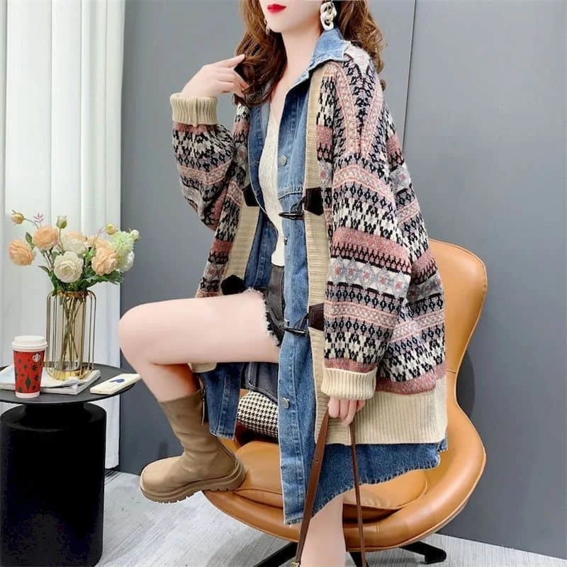 Maglioni cardigan lavorati a maglia per le donne cappotti larghi Casual Vintage oversize in Denim Patchwork top da donna a maniche lunghe in stile coreano