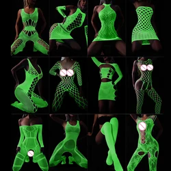 Sexy Luminous Bodysuit See Through Hollow Out Net Clothing Sexy Lingerie Mesh Sex Costumes For Mesh Dress Underwear