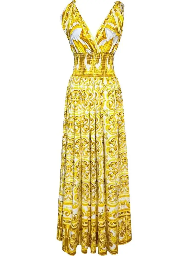 Runway Summer Holiday Floral Maxi Dress Women's Bow Strap Sexy V-Neck Elastic Waist Yellow Golden Porcelain Print Party Sundress