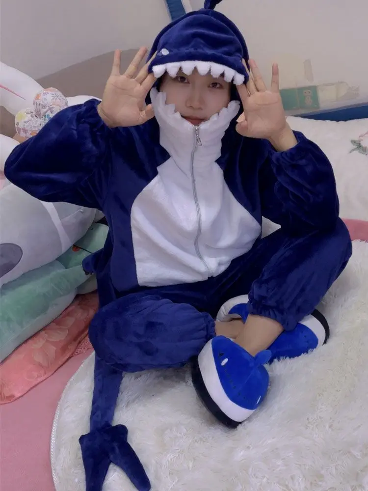 Anime Shark Panda Lovely Pajamas Cosplay Costume Adult Jumpsuits Animal Kawai Flannel Home Sleepwear Unisex Sleepwear Onesie