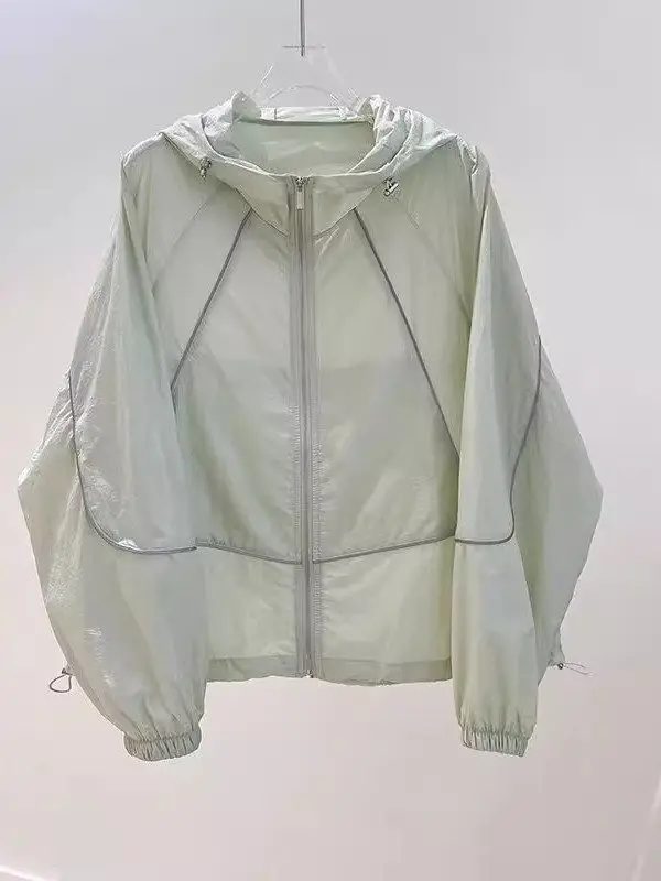 

Light Mint Green Reflective Stripe Hooded Summer Lightweight Breathable UV Protection Women's Casual Zipper Jacket