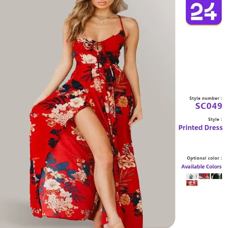 Sukienka maxi z kwiatowym wzorem, odkryte ramiona, asymetryczny dół, wysoki stan, podstawowy krój, bez rękawów, elegancka, do pracy, modna.