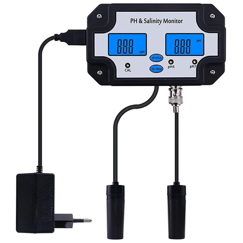 

PH-2685 PH & Salinity Monitor 2 in 1 Ph Meter&Salinity Tester for Aquarium Pool Spa Seawater Water Quality-EU Plug