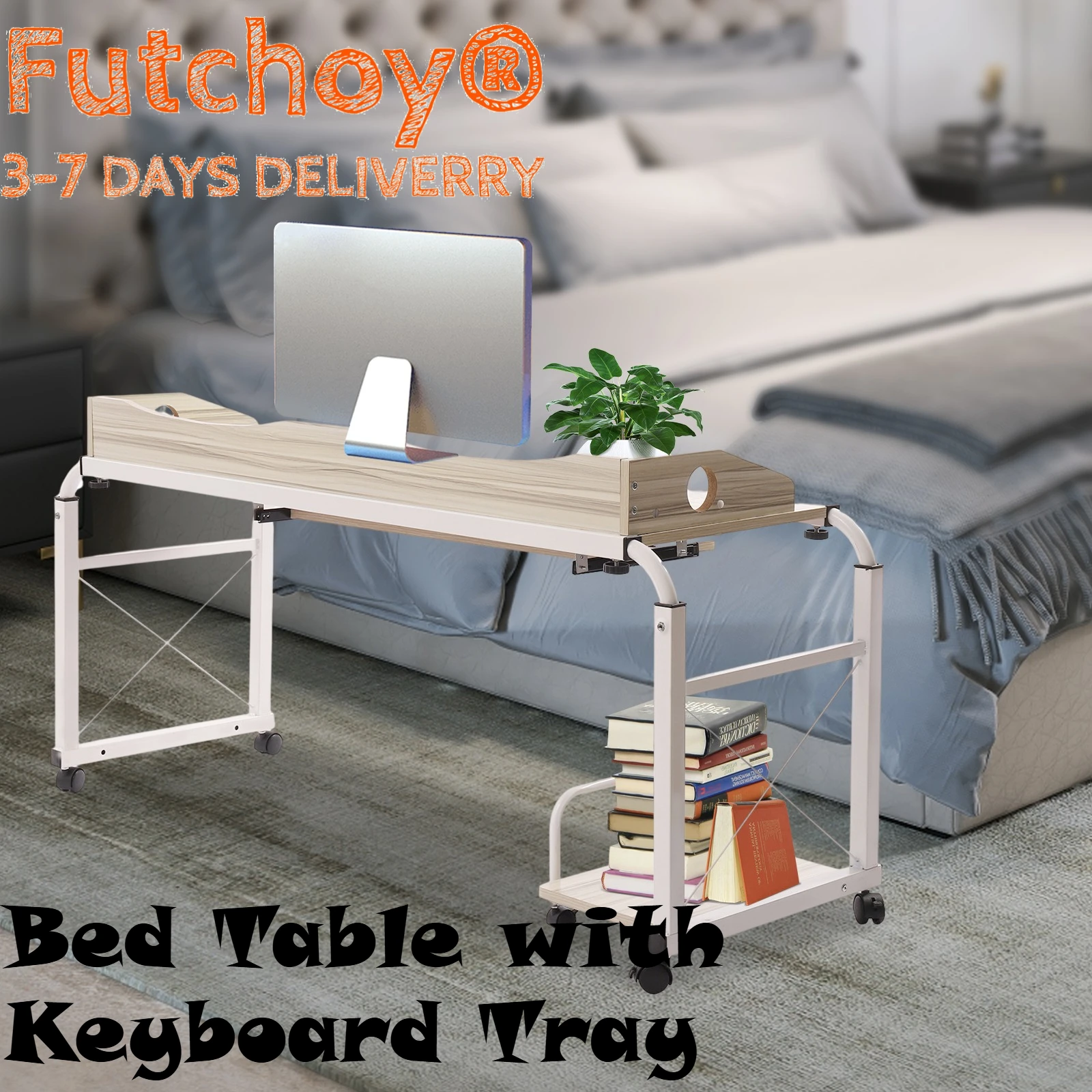 Portable Bed Table with Keyboard Tray & Universal Wheels, Freestanding Storage Rolling Overbed Desk Adjustable Height & Width